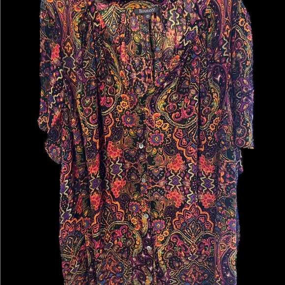 EC Roaman's Multicolor Floral Short Sleeve Button Front Blouse Size 36W - Picture 3 of 7